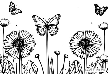 Coloring pages of dandelions and butterflies in a delicate design