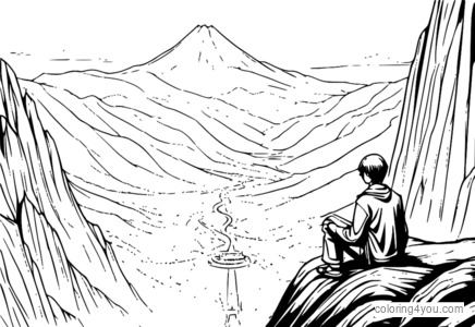 Coloring page of Death Note's Light and L sitting on a mountain