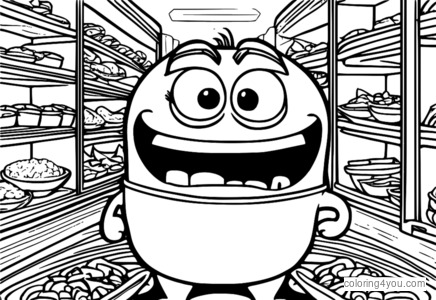 Coloring page of Disgust from Inside Out, with a poutine-filled and noisy expression.