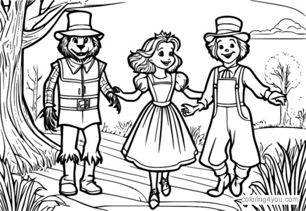 Dorothy y Toto bailando con el Espantapájaros, el Hombre de Hojalata y el León Cobarde.