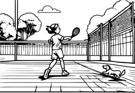 Tennisspelare som serverar bollen, färgglad illustration, bakgrund med hund.