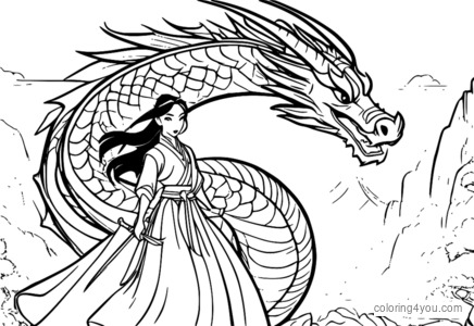 Coloriages de Mulan debout courageusement contre un dragon