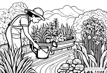 jardineiro regando legumes com mangueira reciclável, ilustração educacional