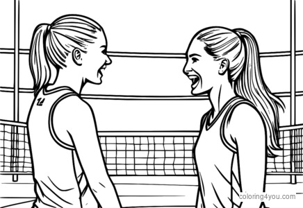 To kvindelige volleyballspillere, der fejrer en succesfuld holdindsats, high-fiving hinanden, illustrationer