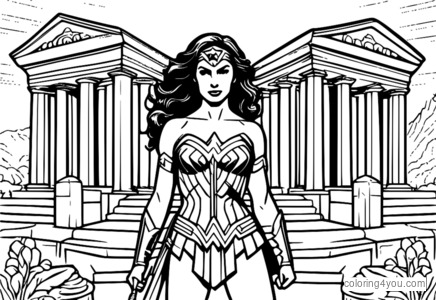 Wonder Woman tenant son Lasso magique de Vérité et entourée de temples grecs et de créatures mythiques.