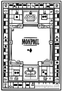 Classic Monopoly board with standard game pieces ready to color