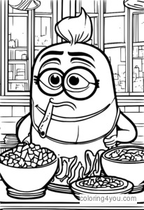 Coloring page of Disgust from Inside Out, with a poutine-filled and noisy expression.