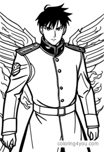 Colonel Roy Mustang coloring page from Fullmetal Alchemist with automail arm