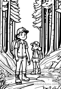 Gravity Falls litasíður af Dipper og Mabel Pines að skoða skóginn