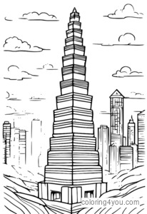 Dibujo para colorear de la torre Jenga con bloques para quitar y pistas