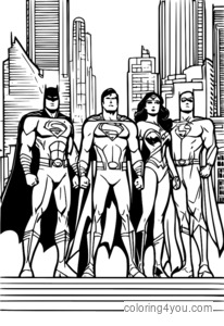 Pagina da colorare degli eroi della Justice League, Superman, Batman, Wonder Woman e Flash