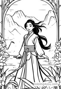 Coloriages du visage courageux de Mulan avec une expression confiante