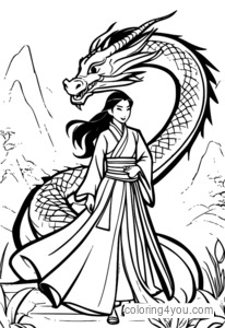 Coloriages de Mulan debout courageusement contre un dragon