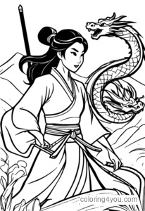 Coloriages de Mulan avec un dragon et une épée