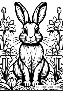 Rabbits in a spring garden with flowers