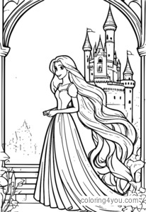 Desenho de Rapunzel em um castelo para colorir, Disney, crianças, história