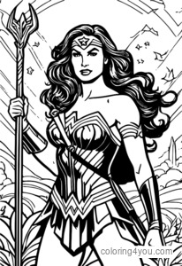 Wonder Woman tiene in mano il suo magico Lazo della Verità, circondata da creature mitiche ed elementi magici in questa pagina fantasy da colorare.