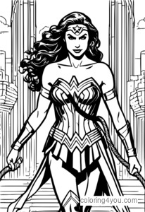 Symboliek kleurplaat van Wonder Woman die haar Lasso of Truth vasthoudt, met een rijk en betekenisvol ontwerp.