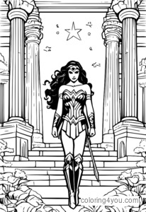 Wonder Woman tiene in mano il suo magico Lazo della Verità ed è circondata da templi greci e creature mitiche.