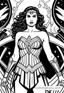 Dierenriemkleurplaat van Wonder Woman die haar Lasso of Truth vasthoudt, met een opvallend astronomisch ontwerp.