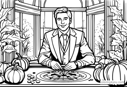 Coloring page of a blackjack dealer in an autumn-themed casino surrounded by pumpkins