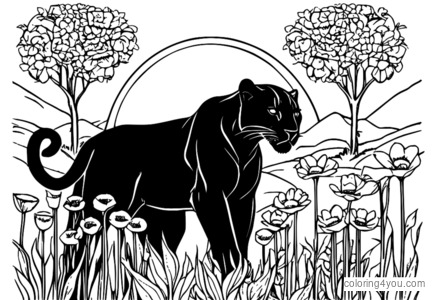 Black Panther berdiri di tengah-tengah ladang bunga