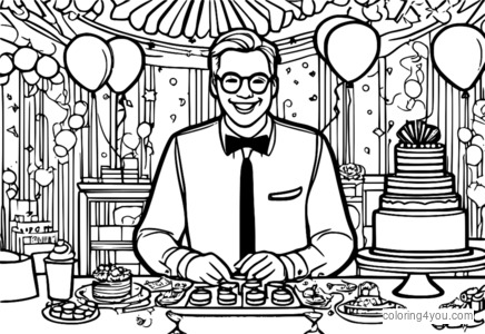 Coloriage d'un croupier de blackjack dans une ambiance de fête entouré de confettis