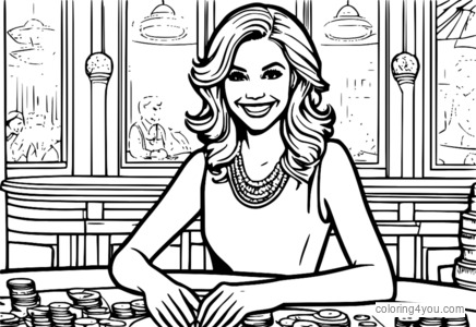 Coloring page of a young blackjack dealer at a casino table