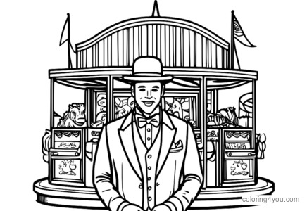 Dibujo para colorear de un crupier de blackjack en un carnaval rodeado de atracciones de carnaval