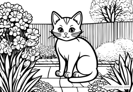 Disegni da colorare di un gatto che gioca con una palla in un giardino