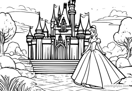 Cinderella ing ngarep kastil sing diilhami Disney, ilustrasi aneh