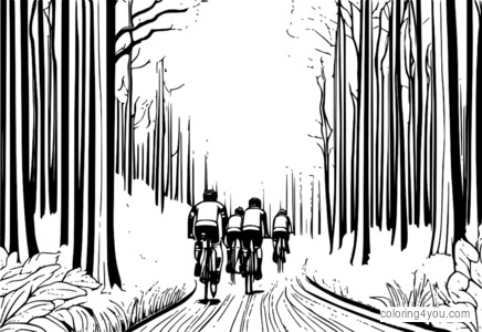 Cyclists racing through a dense forest with greenery all around