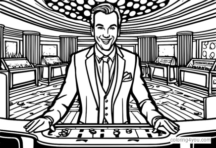 Coloring page of a blackjack dealer in a disco-themed casino surrounded by disco balls