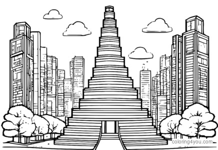 Kaca pewarnaan menara Jenga kanthi blok tekstur sing beda