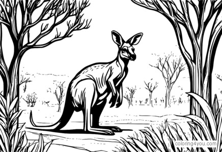 A kangaroo is hopping across the Australian outback, surrounded by eucalyptus trees.