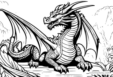 Coloring pages of a magnificent dragon with hidden treasure