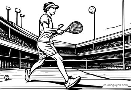 Người chơi tennis giao bóng, minh họa đầy màu sắc, nền trường học.