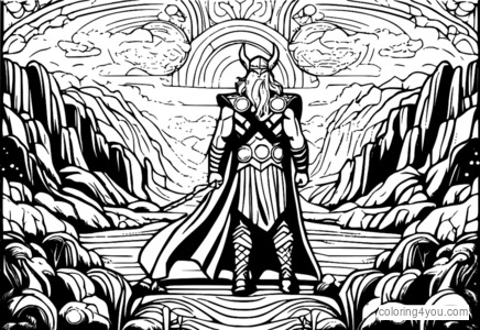 Thor in het prachtige landschap van Asgard, hemellichamen en mystieke wezens