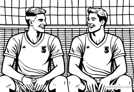 Two male volleyball players smiling and relaxing, enjoying a break, illustrations