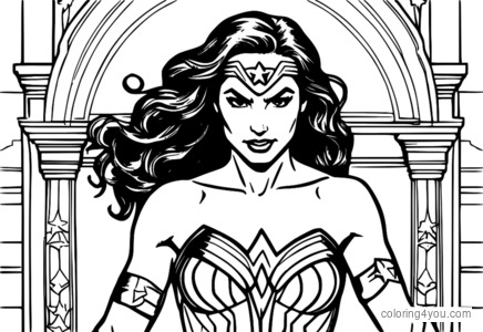 Gradient coloring page of Wonder Woman holding her Lasso of Truth, with a striking color scheme.