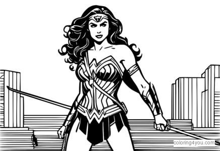 Gradient coloring page of Wonder Woman holding her Lasso of Truth, with a striking color scheme.