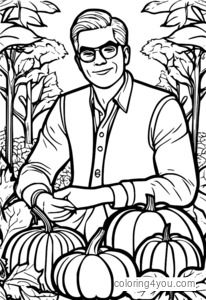 Coloring page of a blackjack dealer in an autumn-themed casino surrounded by pumpkins