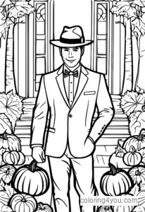 Coloriage d'un croupier de blackjack dans un casino sur le thème de l'automne entouré de citrouilles