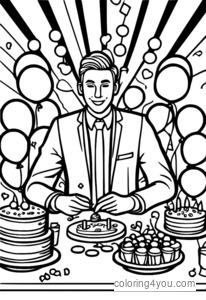 Coloriage d'un croupier de blackjack dans une ambiance de fête entouré de confettis