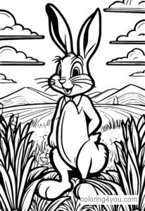 Bugs Bunny omgivet af gulerødder i en solrig eng