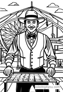 Coloriage d'un croupier de blackjack lors d'un carnaval entouré de manèges