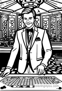 Coloring page of a blackjack dealer in a disco-themed casino surrounded by disco balls