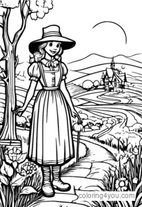 Dorothy e Espantalho em uma paisagem de fantasia