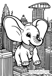 Plansa de colorat Dumbo Flying City, colorat elefant Disney, creativitate desen pentru copii