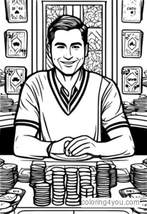 Coloring page ng isang nakatutok na blackjack dealer na napapalibutan ng mga sports jersey